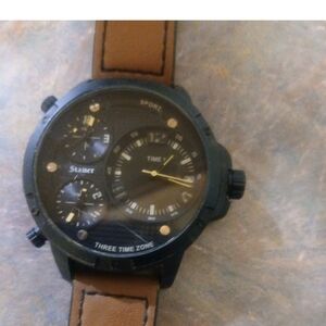 Men's Black Dial Brown Leather Strap Sport Watch - Three Time Zone